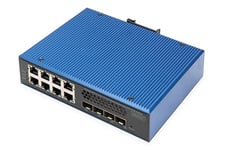 DIGITUS Switch réseau Industriel administrable 12 Ports Gigabit Ethernet PoE - 8X Gigabit RJ45 + 4X 10 Gbps SFP+ uplink - 30W de Budget PoE par Port RJ45 - L3 administrable - IGMP snooping