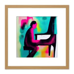 Abstract Watercolour Jazz Piano Bar Pianist Pink And Blue Modern Illustration Square Wooden Framed Wall Art Print Picture 8X8 Inch