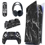 playvital Black White Marble Effect Full Set Skin Decal for ps5 Console Digital Edition, Sticker Vinyl Decal for ps5 Controller & Charging Station & Headset & Media Remote