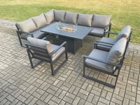 Aluminum Outdoor Garden Furniture Set Corner Sofa 3 PC Chairs Gas Fire Pit Dining Table Set Gas Heater Burner Dark Grey 8 Seater