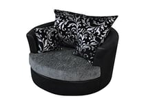 Sofas and More Large Swivel Round Cuddle Chair Fabric Chenille Leather Designer Scatter Cushions (Black/grey)