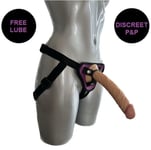 Strap On Kit 9 Inch Realistic FLESH Dildo + PURPLE Harness Pegging Couples Sex