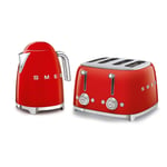 Smeg Kettle & 4-Slice Toaster Set, 50’s Style Retro, Stainless Steel, Red