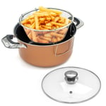 24cm Deep Fat Fryer Non Stick Chip Pan Casserole Pot Fry Frying Basket Glass Lid