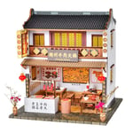 erhumama DIY Wooden Dollhouse With Furniture LED Light Kits Miniature Chinese Hotpot Shop 3D Wooden Puzzle Building Model Birthday