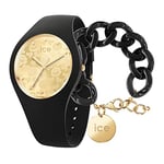 ICE-WATCH - Ice Flower Black Chic - Montre Noire pour Femme avec Bracelet en Silicone - 019207 (Medium)+ Chain Bracelet - Black - Bracelet Mailles XL de Couleur Noire (020354)