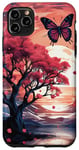 Coque pour iPhone 11 Pro Max Papillon violet nuit coucher soleil lac fleurs cerisier fleurs