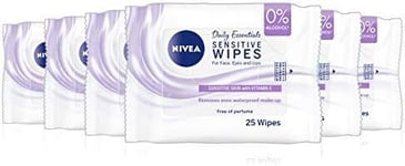 NIVEA Sensitive Cleansing Wipes, Pack of 6 (6 x 25 wipes), Sensitive Skin Make-