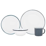 Argon Tableware 16 Piece White Enamel Dinner Set - Metal Outdoor Camping Plates Bowls Mugs for 4 - Navy