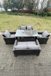 Rattan Outdoor Furniture Gas Fire Pit Rectangle Dining Table Gas Heater Chairs Sofa Sets 6 Seater