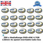 200 x MediaRange DVD+RW 120min 4x speed Blank Discs 4.7GB Rewritable Cake Box HQ