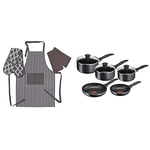 Tefal Origins 5 Piece Stone Pots and Pans set with Penguin Home Apron, Double Oven Glove and 2 Kitchen Tea Towels Set - Grey