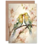 Lovebirds Cherry Blossom Birthday Mothers Day Valentines Blank Greeting Card