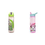 Disney Lightyear Lightyear Water Bottle Flip Up Straw 600ml – Official Disney Merchandise by Polar Gear – Grey & Green & Disney - Minnie Mouse Flip Up Water Bottle 600ml, Pink & Blue