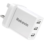 USB Plug UK Mains Charger,Rekavin 3 Port Multi USB Wall Plug Adapter UK with Smart IC Fast Charging Technology Charge for iPhone 11 10 XS Max XR X 8 7 6 6S Plus SE,Samsung S10 S9 S8,Huawei,ipad