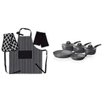 Penguin Home Tower Cerastone Non Stick Frying Pan and Saucepan Set, Induction - 5 Piece Apron, Double Oven Glove and 2 Kitchen Tea Towels Set - Black/White