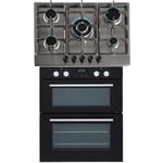 SIA Built Under Double Electric Fan Oven & 70cm 5 Burner Stainless Steel Gas Hob