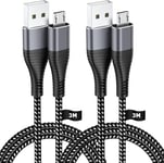 Micro USB Charger Cable 3M for PS4 Controller, Work Sony Gray 2 Pack 