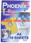 Phoenix Brand IRON ON T Shirt LIGHT Transfer Paper A4 10 Sheets