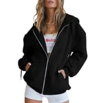 Kvinnor Vanlig Casual Huvjacka Långärmad Full Zip Dragsko Hoodies Coat Black 3XL