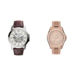 Fossil Watch for Men Grant, Mechanical Automatic Movement, 45 mm & Watch for Women Riley, Quartz Multifunction Movement, 38 mm Rose Gold Stainless Steel Case with a Stainless Steel Strap, ES2811