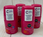 4x Nivea Sun Protection Kids Protect & Care Coloured Roll On Pink 50ml SPF50