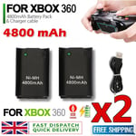 2x Battery Pack 4800mAh Rechargeable + USB Charger Cable For XBox 360 Controller