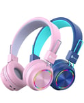 iClever 2 Pack Bluetooth Kids Headphones, Colorful Lights LED, Kids Headphones Wireless and Wired with MIC, Volume Control, Foldable, for School/Travel