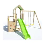 Trigano - Aire de jeux en bois 2,20 m ultra xperience jardin - Mur d'escalade toboggan et balançoires - 8 enfants