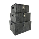 Set of 3 Black Resin Woven Wicker Style Storage Baskets
