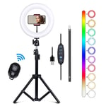 Kalawen Ring Light with Tripod 10 Inch / 25 cm Selfie Ring Light Set with 11 Lighting Modes LED Ring Light with 2 Mobile Phone Holders Remote Control and Bluetooth for Makeup, Selfie, Video, Vlog