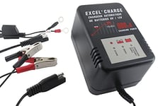 GREENSTAR - Chargeur Automatique EXCEL' CHARGE - Batteries Plomb/Acide 3A-39A 6V/12V - 3 Cordons Adaptateurs (Pinces Crocodiles, Œillets, Prises Gigognes) - Tension Secteur 220-240V - Ampérage 0.9A