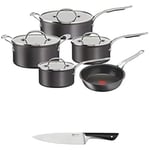 Bundle of Tefal Jamie Oliver Cook’s Classics Pots & Pans Set, 5 Pieces, Non-Stick, Oven-Safe, Induction, Glass Lids, H9125 + Tefal Jamie Oliver Chef Knife, 20cm, German Stainless Steel K2670155, Black