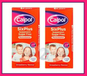 2x Calpol 6+ Cold Flu Fever Pain Relief Sugar Free Strawberry Suspension - 80ml
