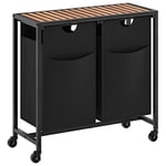 YATINEY Double Compartment Laundry Hamper on Wheels, Laundry Basket Trolley, 2 x 47Gal.(47 L), Clothes Sorting Organizer, Removable Oxford Cloth Laundry Bags, for Laundry Room, Rustic Brown LS20BR