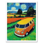Hippie Van In Meadow Under Starry Night Painting Van Gogh Art Print Framed Poster Wall Decor 12x16 inch