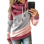 Women Loose Long Sleeve Hooded Casual Patchwork Pullover T-shirt Red Xl