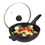 Relaxdays Poêle à wok couvercle en verre 30 cm, poignée, revêtement antiadhésif, induction, four à gaz et électrique,4l