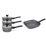 Salter BW05751S Megastone Collection Non-Stick Forged Aluminium 3 Piece Saucepan Set, Induction Hob Suitable, 16/18/20cm, Silver & BW05752S Griddle Grill Pan Megastone Collection Non-Stick, 28 cm