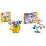 LEGO Creator 3in1 Flowers in Watering Can Toy to Welly Boot to 2 Birds on a Perch & Creator 3 in 1 Magical Unicorn Toy to Seahorse to Peacock, Rainbow Animal Figures