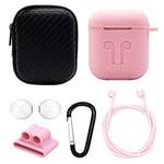 Protective Case Cmf 6 in 1 Earphone Bag + Earphone Case + Earphones Silicone Buckle + Earbuds + Anti-Drops Buckle + Anti-lost Rope Wireless Earphone Silicone Case Set for Apple Airpods (Pink + White)
