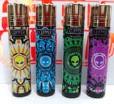 4 x Clipper Lighters Set, Assorted Designs, Gas Lighter Refillable You get all 4 NEW, GIFT SET (ALIEN MANDALAS)