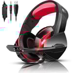 PS4 Spelheadset med 7.1 Surroundljud, PC-headset med brusreducerande mikrofon & LED-lampa, H3 Öronmuffar för Nintendo Switch, PS5, Xbox On Black Red