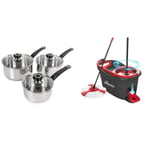 Morphy Richards 970003 Equip 3-Piece Pan Set, Stainless Steel & Vileda Turbo Microfibre Mop and Bucket Set, Spin Mop for Cleaning Floors, Set of 1x Mop and 1x Bucket,Grey/Red,48.5 x 27.5 x 28 cm