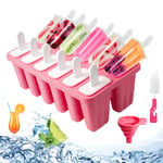 Ice Lolly Maker Moulds Silicone 12 Cavities Baby Ice Lolly Moulds Bpa Free Ice Lolly & Ice Cream Moulds Reusable Ice Pop Mould Popsicle Mould Silicone with Cleaning Brush and Folding Funnel Red