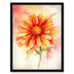 A Single Gerbera Daisy Soft Watercolour Painting Pink Green Orange Spring Bloom Flower Nature Colourful Bright Floral Modern Artwork Art Print Framed