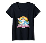 Womens Summer DJ Cat with Headphones HipHop Sunglasses Mixer Tee V-Neck T-Shirt