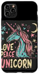 Coque pour iPhone 11 Pro Max Licorne amusante avec corne colorée avec amour et paix