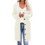 Dam långärmad kabelstickad lång kofta Öppen främre tröja med knappar Ytterkläder white 3XL