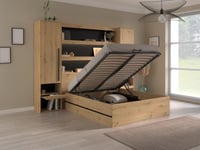 Lit coffre avec pont 140 x 190 cm - Coloris : Naturel et noir + Matelas - LUDARO
